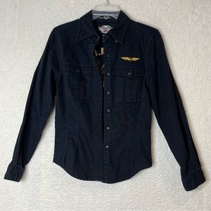 Harley Davidson Womens Black Denim Embroidered Long Sleeve Button Shirt Size XS